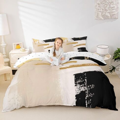 jejeloiu Abstract Art Duvet Cover Black Gold Bedding Set for Kids Boys Girls Teens Room Decor Retro Watercolor Artwork Design Comforter Cover Toddler Size Zipper Breathable Soft Lightweight Microfiber in Saudi Arabia
