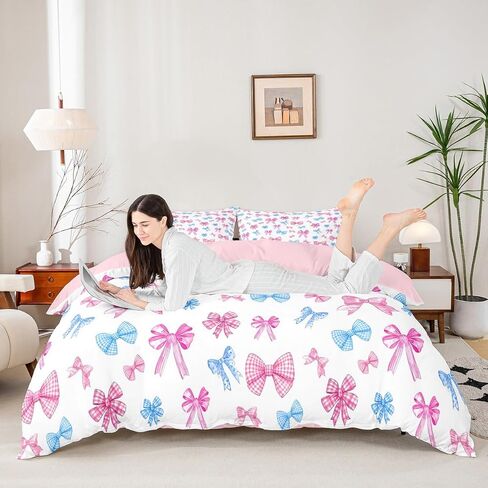 Jejeloiu Pink Blue Bow Cover Cover Cover Cute Bowknot Bedding Set Toddler Size Kawaii Cofforter Cover for Kids Boys Girls Decore Decor in Kuwait