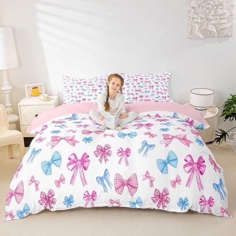 Jejeloiu Pink Blue Bow Cover Cover Cover Cute Bowknot Bedding Set Toddler Size Kawaii Cofforter Cover for Kids Boys Girls Decore Decor in Kuwait