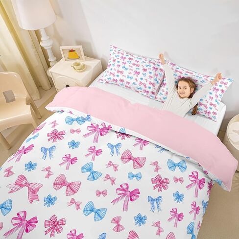 Jejeloiu Pink Blue Bow Cover Cover Cover Cute Bowknot Bedding Set Toddler Size Kawaii Cofforter Cover for Kids Boys Girls Decore Decor in Kuwait