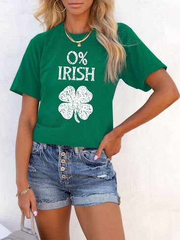 0% Irish St. Patrick's Day Shirts for Women Four-Leaf Clover Printed Short Sleeve Tee Tops in Kuwait