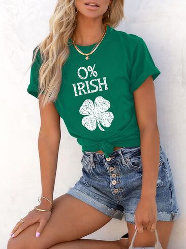 0% Irish St. Patrick's Day Shirts for Women Four-Leaf Clover Printed Short Sleeve Tee Tops in Kuwait