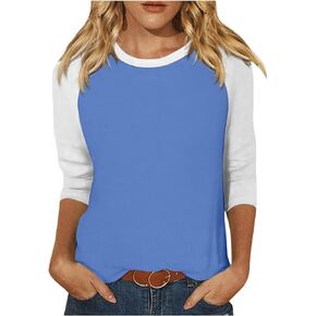 Womens 3/4 Sleeve Tops Casual Crew Neck Color Block Blouse Plus Size Shirts Loose Fit Summer Cute Contrast Tees