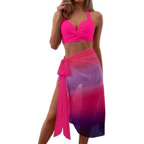 Febecool Swim Suits for Women 2024 Women's 3 Piece Sexy Bikini Mesh Skirt Gradient Colour Swimsuit with Steel Bra & Bra Pads