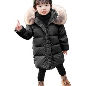 Little Girls Long Puffer Coat Toddler Fur Collar Winter Coat Lightweight Thicken Down Jacket Hooded Outerwear 2-7 Years