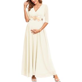 3/4 Sleeve Maternity Dress Leaf Lace Contrast Chiffon V Neck Wrap A Line Flowy Pregnancy Dresses for Baby Shower