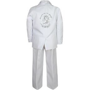 Baby Boy Kid Baptism White Paisley Tuxedo All Silver Virgin Mary Pope Back Sm-7