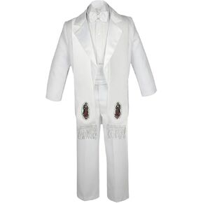 6pc Baby Toddler Boy Formal Guadalupe Baptism White Tuxedo Suit Mary Stole Sm-20