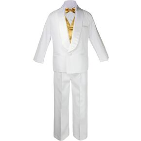 5-7pc Kid White Satin Shawl Lapel Suits Tuxedo Gold Bow Necktie Vest Sm-20