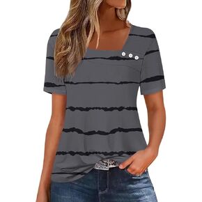 Summer Tops for Women Trendy Short Sleeve Square Neck Striped Color Block Shirts Casual Elegant Trendy Blouse