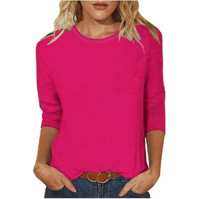 Womens Tops Plus Size 3/4 Sleeve Shirts Round Neck Loose Casual Blouses Solid Tshirts Basic Tees Tunic Fashion Clothes