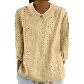Eyelet Tops Collar Shirt Women Tops Summer 3/4 Length Sleeve Elegant Dressy Blouse Trendy Tunic Tee