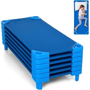 KOTEK Stackable Sleeping Daycare Cots for Kids, Portable Toddler Nap Cots, 52" L x 23" W, Ready-to-Assemble, Space-Saving Children Naptime Cot for Classroom Preschool (Set of 6, Blue)