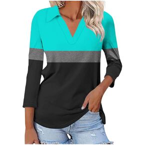 Womens V Neck Golf Shirts 3/4 Sleeve Collared Color Block Tops Business Casual Spring Summer Top Trendy Loose Blouse