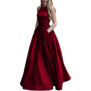 Women's Long Beaded Halter Satin Prom Dress A Line Open Back Evening Gowns with Pockets
