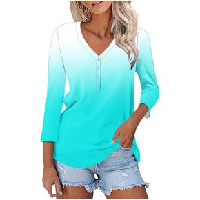 Womens Soft V Neck 3 4 Sleeve Tunic Top Striped Henley Shirts Blouses Gradient Tshirts Casual Trendy Dressy Tunic