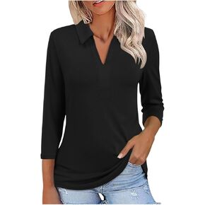 Women's 3/4 Sleeve Collar Golf Tops Shirts Summer V Neck Collared Casual Loose Fit Tops Spring Blouse Tees