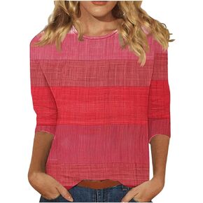 Color Block 3/4 Short Sleeve Tops for Women Trendy Casual Shirts Loose Three Quarter Sleeve Tshirts Tie Dye Tees