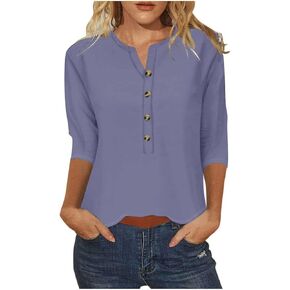 Womens 3/4 Sleeve Henley Tops Button Down V Neck T Shirts Elegant Dressy Blouse Trendy Fashion Tunic Tees Going Out