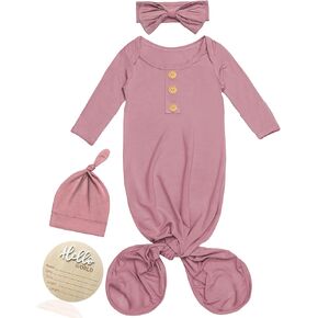 Baby Noah Newborn Knotted Gown, Ultra-Soft Silky Long Sleeve Sleeper, Unisex Coming Home Outfit Set With Wooden Name Sign in Kuwait