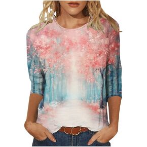 Womens Tops 3/4 Sleeve Plus Size Floral Shirts Casual Loose Fit Three Quarter Length Sleeve T Shirts Going Out Tees