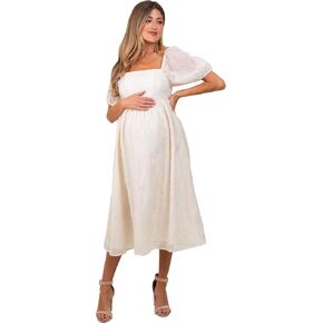 PinkBlush Embroidered Floral Puff Sleeve Maternity Midi Dress