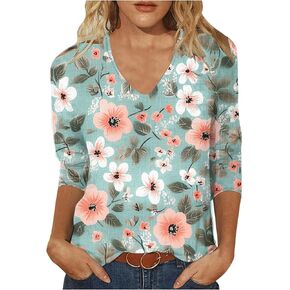 Womens V-Neck 3/4 Sleeve Shirts Fashion T-Shirt Casual Tops Loose Floral Shirts Tunic Elegant Blouse Graphic Tees