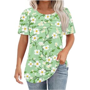 Womens Summer Tops Casual Crew Neck Short Sleeve Pleated Tops Dressy Loose Fit Shirts Elegant Blouse Holiday Outfits