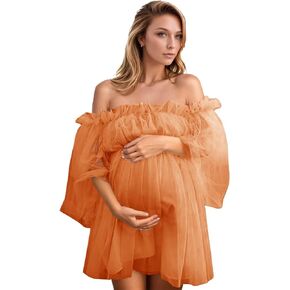 Ouyisha Short Tulle Maternity Dresses Off Shoulder for Baby Shower Puffy Long Sleeve Photography Women Beach 2025