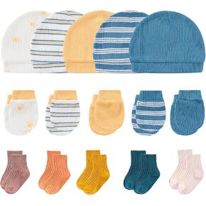 Newborn Baby Boy Girl Caps Mittens Socks Set Cotton Baby Essentials Accessories (Hats+Gloves+Socks)