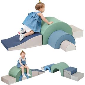 Merax Rainbow Soft Play Set, Soft Climbing Toys for Toddlers with Foldable Slide, Indoor Baby Soft Foam Blocks for Climbing and Crawling, 5-Piece, Cappuccino