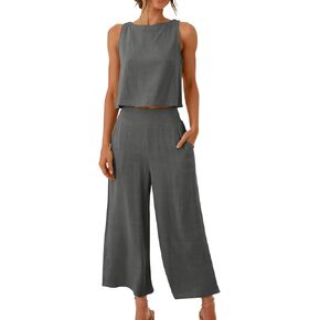 Linen Sets For Women 2 Piece Fashion Crop Tank Top Wide Leg Pants Matching Set Trendy Classy Comfy Casual Outfits