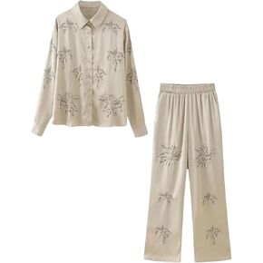 Women's Style Flip Collar with Beaded Embroidered Shirt, High Waist Straight Leg Pants Set