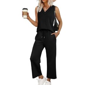 Women's Sleeveless Top & Wide-Leg Pants 2-Piece Set,Mock Neck Tank Top Cropped Wide Leg Pants Lounge Sets