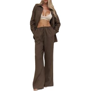 Alloaone Women's Long Sleeved Shirt Wide Leg Long Pants Set Summer Solid Color Pants Casual Loose Shirt Set