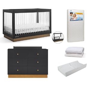 Delta Children James Crib 7-Piece Baby Nursery Furniture Set–Includes: Convertible Crib, 6 Drawer Dresser, Changing Top, Crib Mattress, Sheets, Toddler Guardrail & Changing Pad, Midnight Grey/Acorn