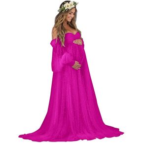 Puffy Sleeve Pearls Maternity Dress for Photoshoot Off the Shoulder Tulle Robe Long Babyshower Pregnancy Gown