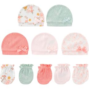 Baby Hat and Mittens Set Cotton Newborn Baby Hats Caps for Boys and Girls, 0-6 Months