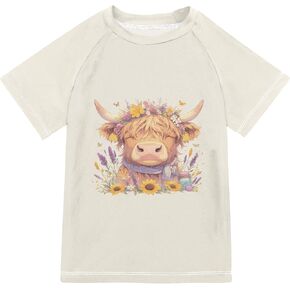 Cute Highland Cow Pink Lavenders Sunflowers Girls Bathing Suit Short Sleeves Shirts Swimwear Beach Tops 3T
