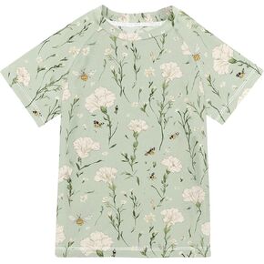 Cartoon Dianthus Sage Green Kids Bathing Suits Girls Sun Protection Athletic Tops Swimwear Beach Tops 3T