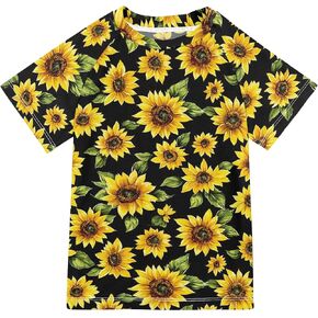 Black Sunflowers Leaf Kids Bathing Suit Short Sleeves Volleyball Shirts Swimwear Beach Tops 3T