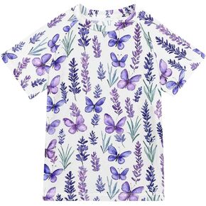 Lavender Flowers Butterflies Kids Bathing Suits Girls Short Sleeves Basketball Tshirt Swimwear Beach Tops 3T