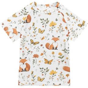 Cartoon Fox White Girl Bathing Suit Sun Protection Workout Shirts Swimwear Beach Tops 3T