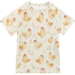 Cartoon Cute Chicken Beige Kids Bathing Suits Girls Short Sleeves Active Shirts Swimwear Beach Tops 3T