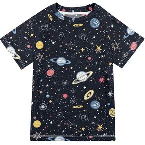 Space Stars Sky Cosmic Planet Kids Bathing Suit Short Sleeves Workout Shirts Swimwear Beach Tops 3T