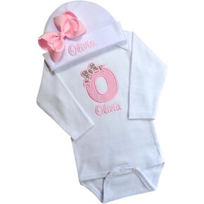 Baby Girl Embroidered INITIAL Bodysuit and MATCHING Beanie HAT Gift SET with Your Custom Name