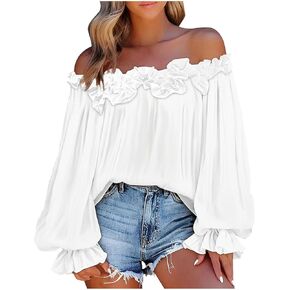 JOAU Women's Off The Shoulder Ruched Ruffle Tops Puff Long Sleeve Loose Fit Shirts Elegant Dressy Business Vacation Blouses