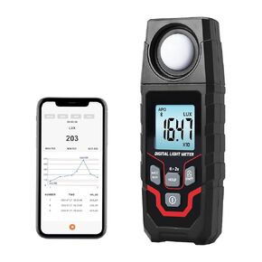 Digital Illuminance Lux Light Meter Datalogger 0.1~200000LUX (0.01~20000FC) Handheld Luxmeter Bluetooth FX/LUX Units Real-Time Monitoring for Warehouses, Schools, Factories