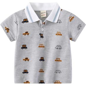 Little Baby Boys Short Sleeve Polo Shirt Cute Summer Button Down Cartoon Print Lapel Uniform Color Block Tops Clothes