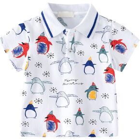Boys Kids 𝐏𝐨𝐥𝐨 Shirt Short Sleeve Cotton Tee Penguin Graphic Button Up Collar Lapel Toddler Baby Summer Tops Clothes